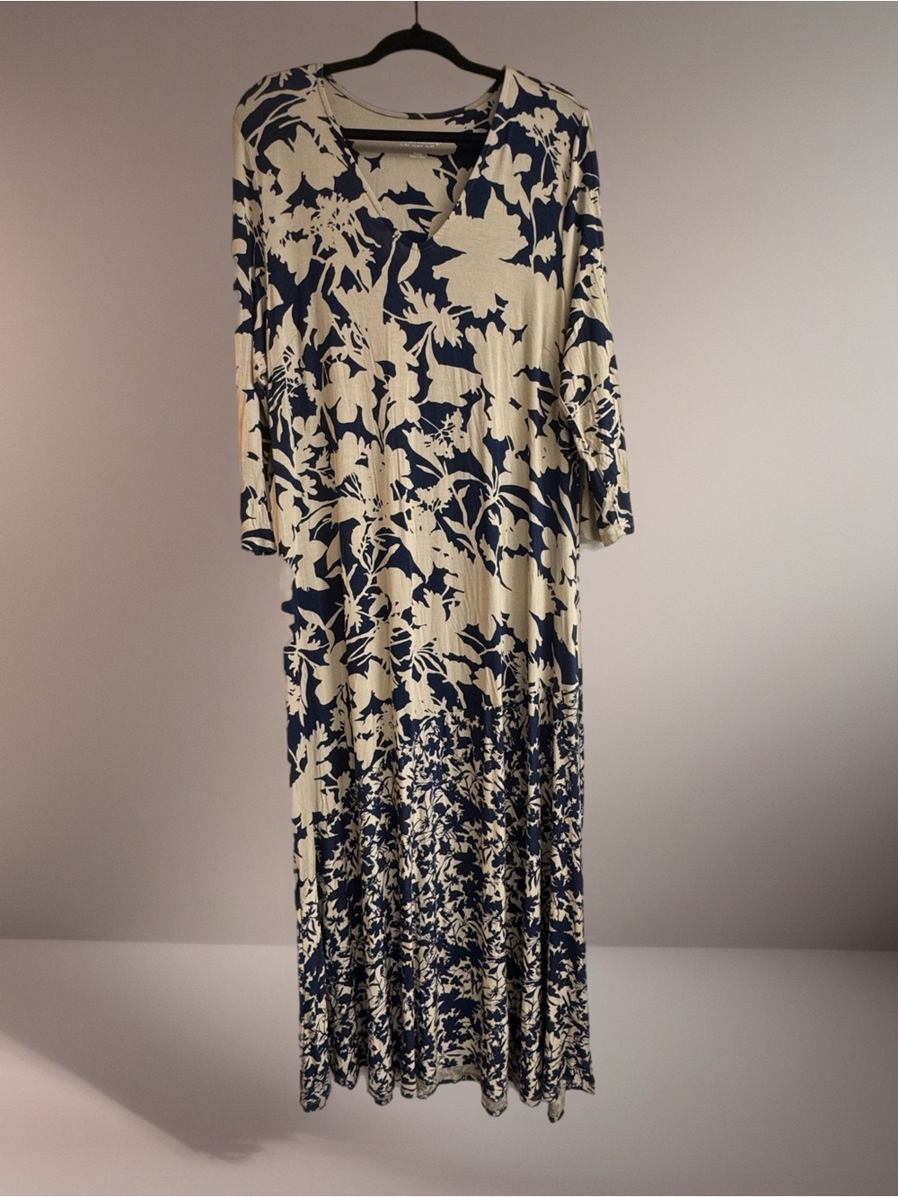 Soft Surroundings Navy and Cream V-Neck Floral Maxi Dress Women’s XL